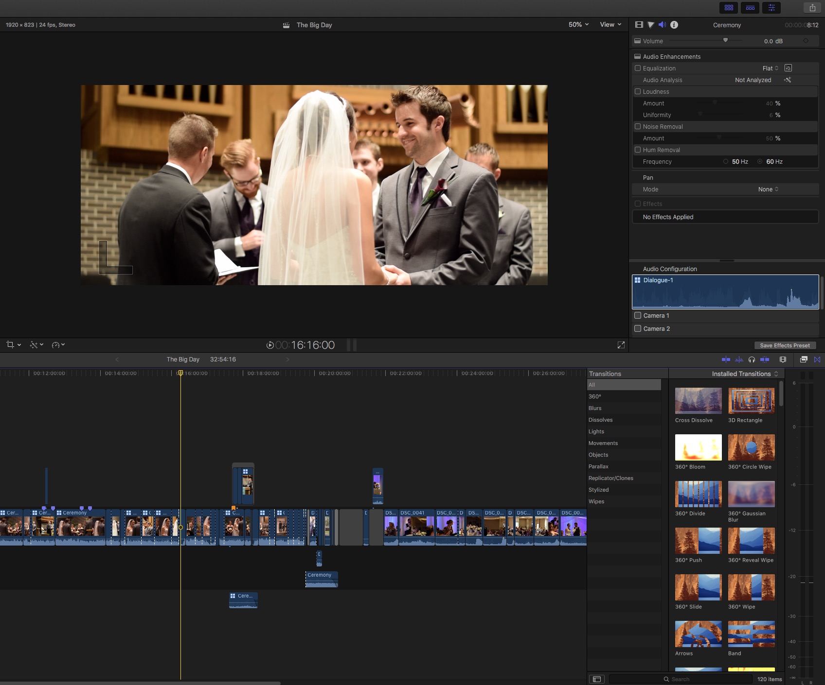 A screenshot of Final Cut Pro, where a wedding is being edited.