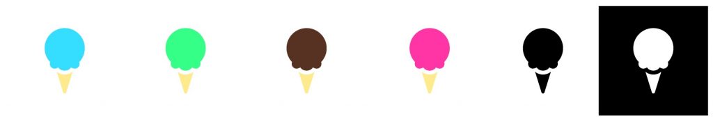 6 versions of the Ice Cream Social Club ice cream icon. The first four have the same yellow cone, but the scoop colors are different: blue, green, brown, then pink. The second to last icon is black. The final icon is white with a black background.