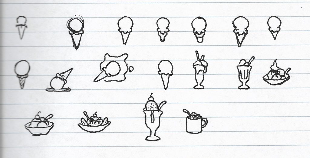 Several hand-drawn attempts to draw a simplified ice cream cone. Two of the drawings feature the ice cream spilling. Three are in a tall glass. Three are in a bowl. One is in a mug with a spoon coming out. The rest are just single cones.