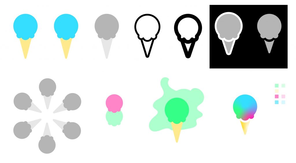 11 variations of an ice cream cone icon. Most are in black and white, but some have vibrant blue, pink, and green ice cream scoops on a yellow cone.