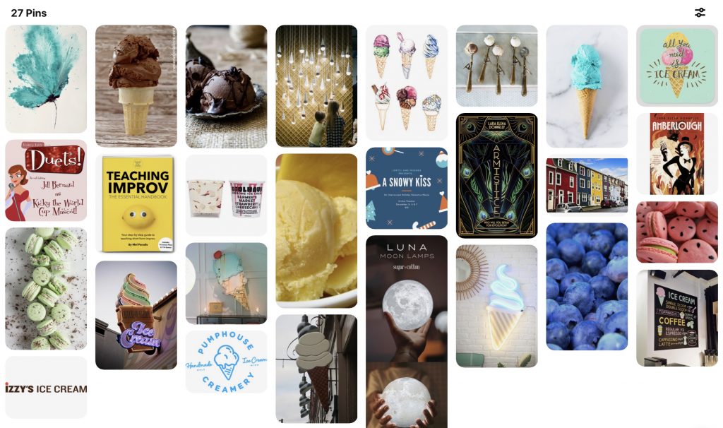 A screen shot of a Pinterest mood board containing 27 images, most of which are related to ice cream, but a couple are show posters and product pictures.