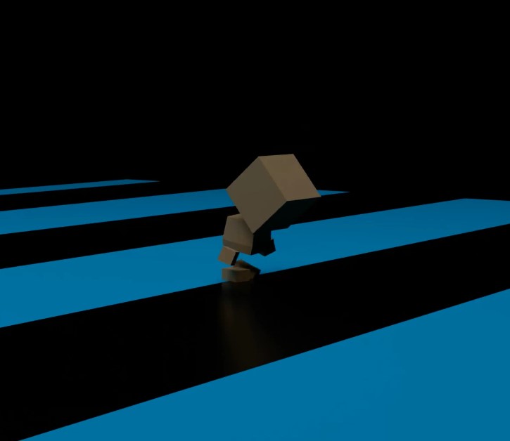 A 3D rendering of a humanoid figure made entirely of cube shapes. It's cardboard brown and walking along a black and blue striped path.